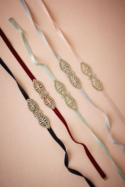 Fitted bridesmaids belts with golden beading (as seen on BHLDN)