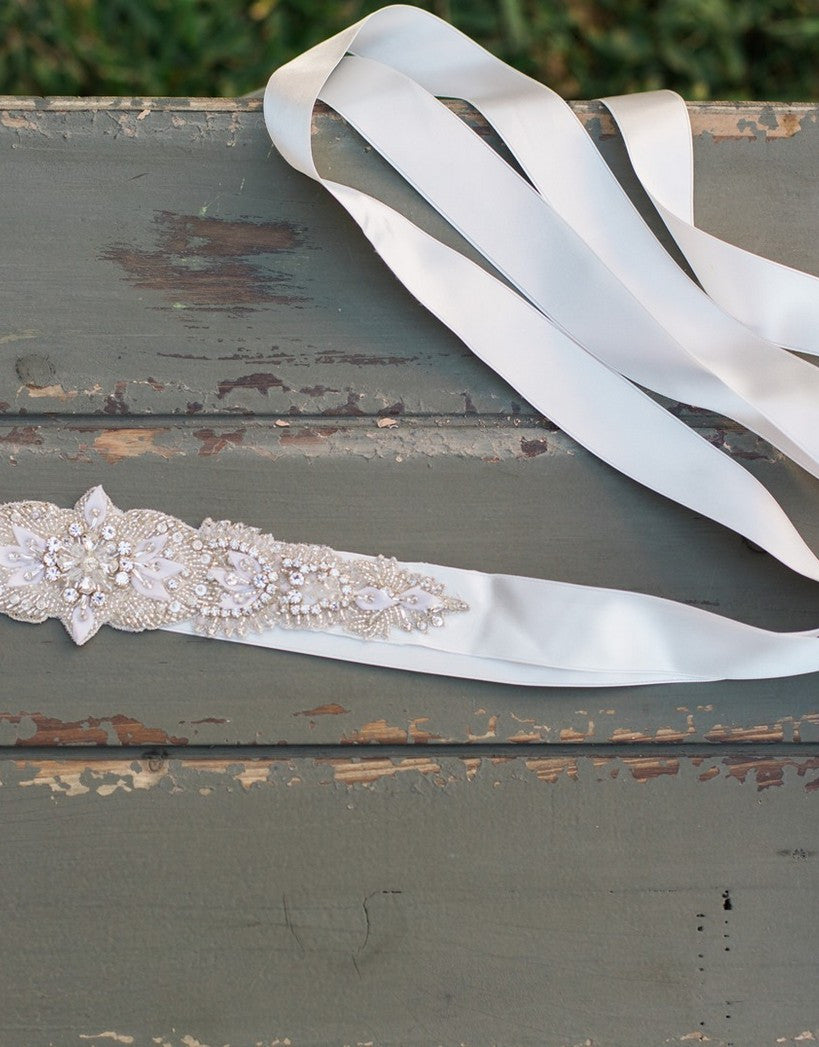 White beaded sash Heavily Embellished Sash with Scroll Detail | David main image 3