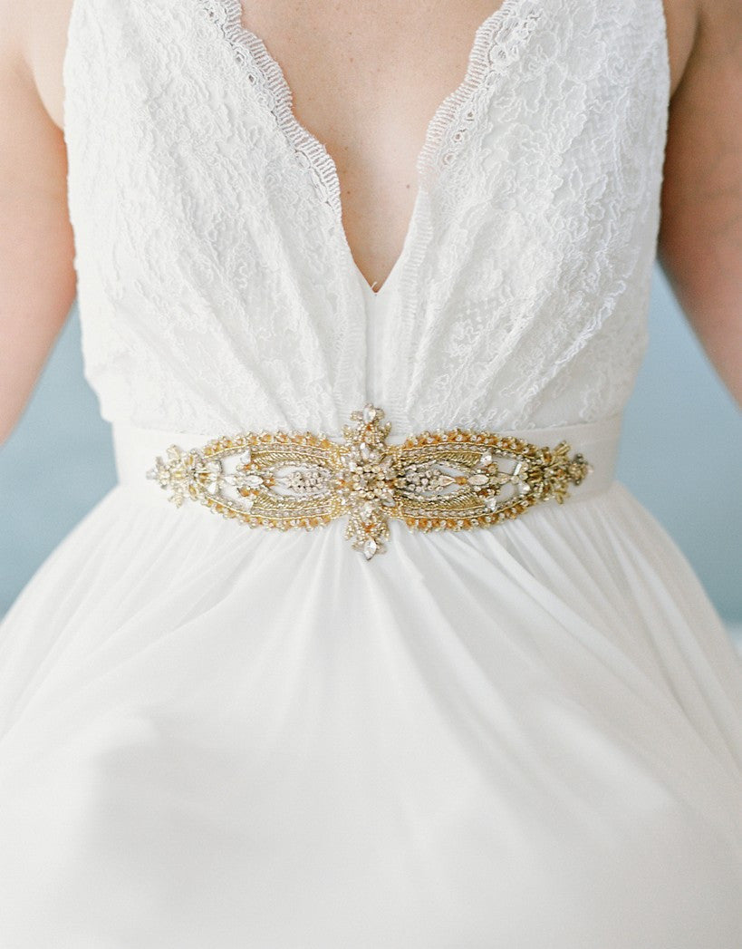 green emerald velvet dress Ivy Bohemian Opal Bridal Belt – Gold & Silver Wedding Dress Sash Gold / Applique Only main image 0