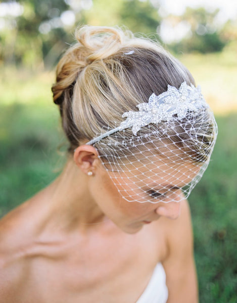 Nestina Birdcage Headband Veil with Pearls and Crystal beading-SOLEIL Style 21028 Ivory