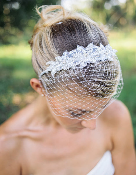 Nestina Birdcage Headband Veil with Pearls and Crystal beading-SOLEIL Style 21028 Ivory