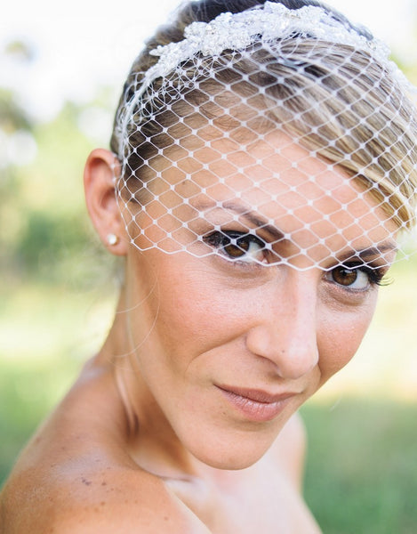 Nestina Birdcage Headband Veil with Pearls and Crystal beading-SOLEIL Style 21028 Ivory