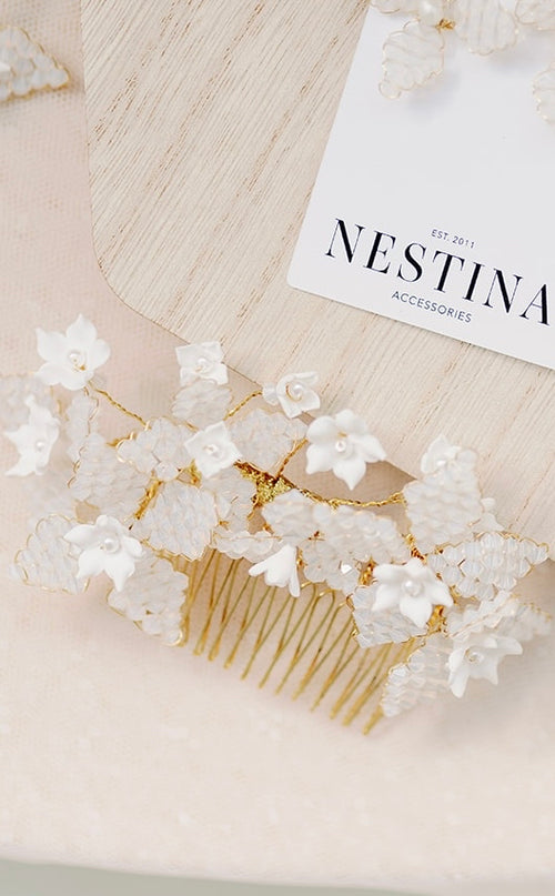 Nestina Accessories Wedding Hair Pins, Blossoms Hair Pins with Clay Flowers, Bridal Hair Piece Câlin Style 21005 Gold