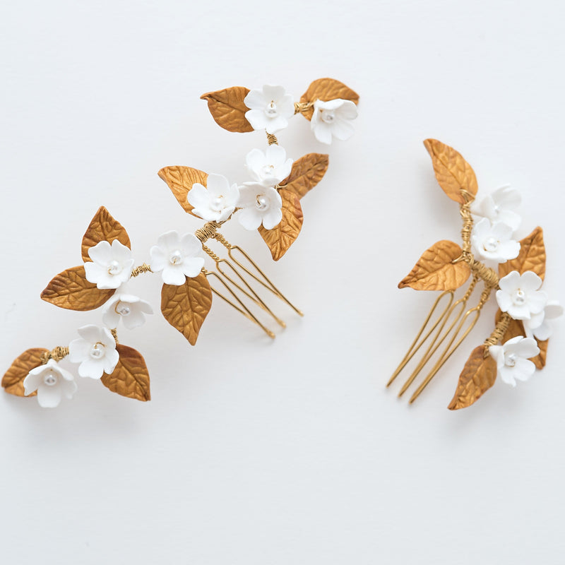 bridal hair combs, set of combs whith clay flowers and leaves - style 22017