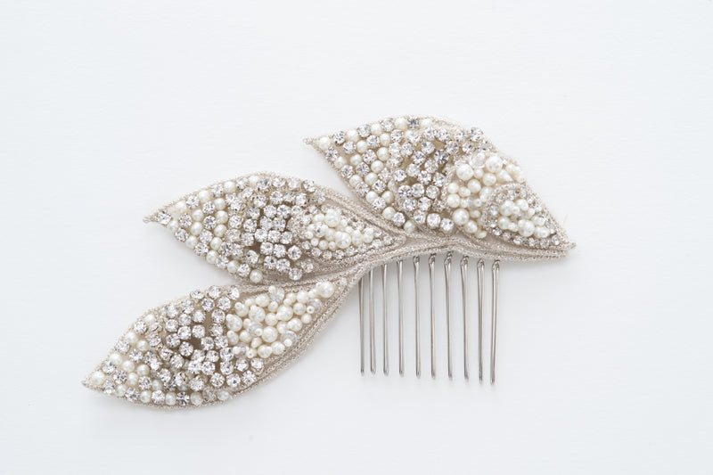 sample sale pearls and crystal beaded leaves hair comb - style 20009