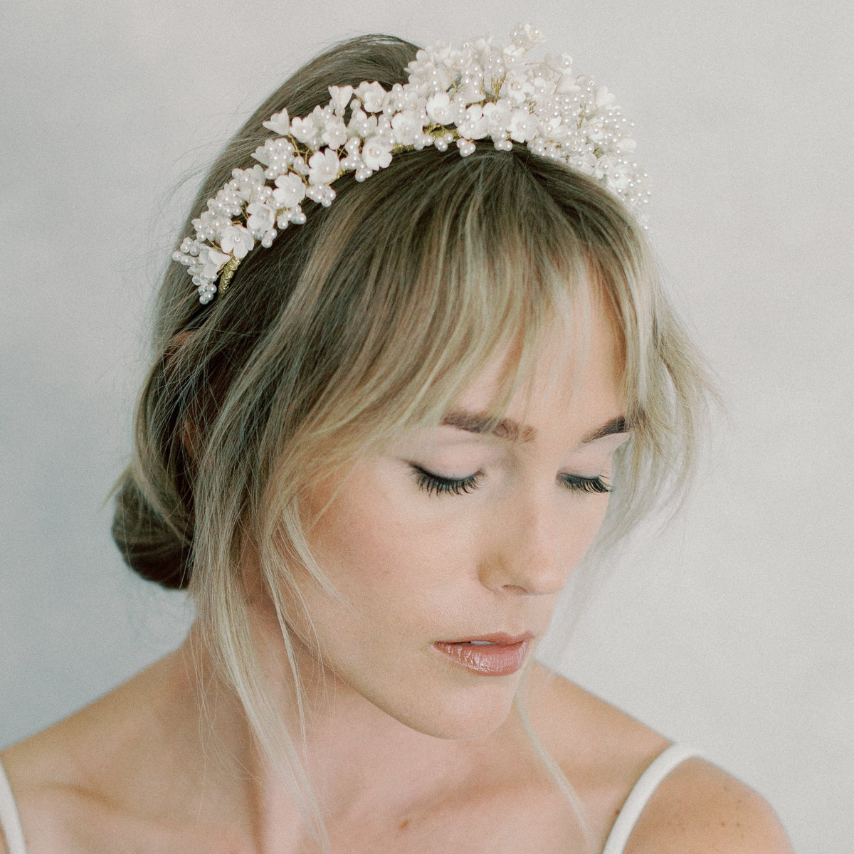 pearls and clay flowers bridal crown, baby beath wedding headband style 22001