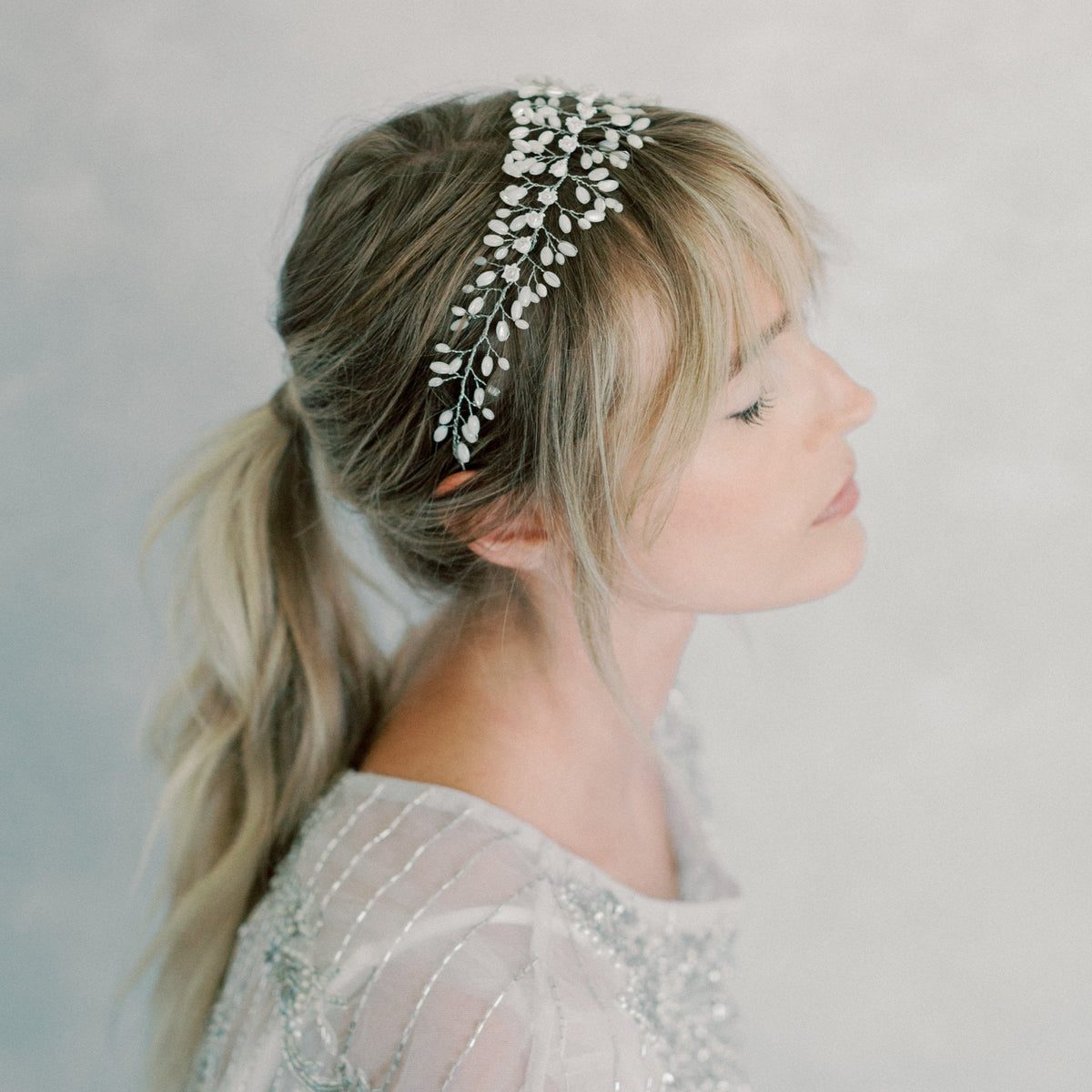 pearls vine headpiece, wedding hair vine with small clay flowers and rice pearls - style 22025