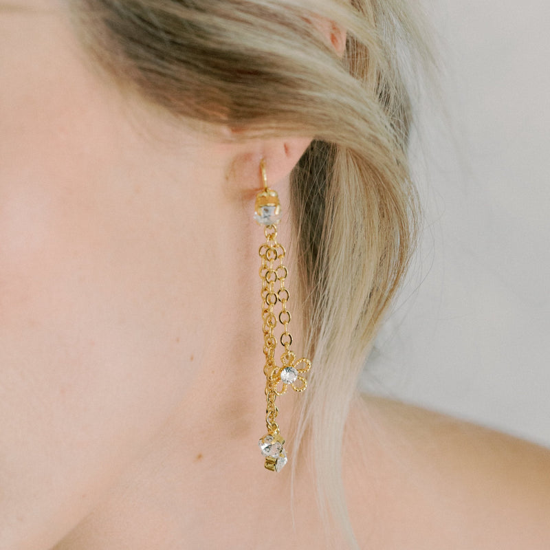 chain bridal earring, flowers earrings, wedding earrings with crystal - style 22031