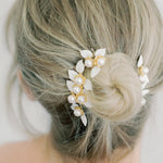 wedding hair combs set with white leaves and brass flower - style 22013