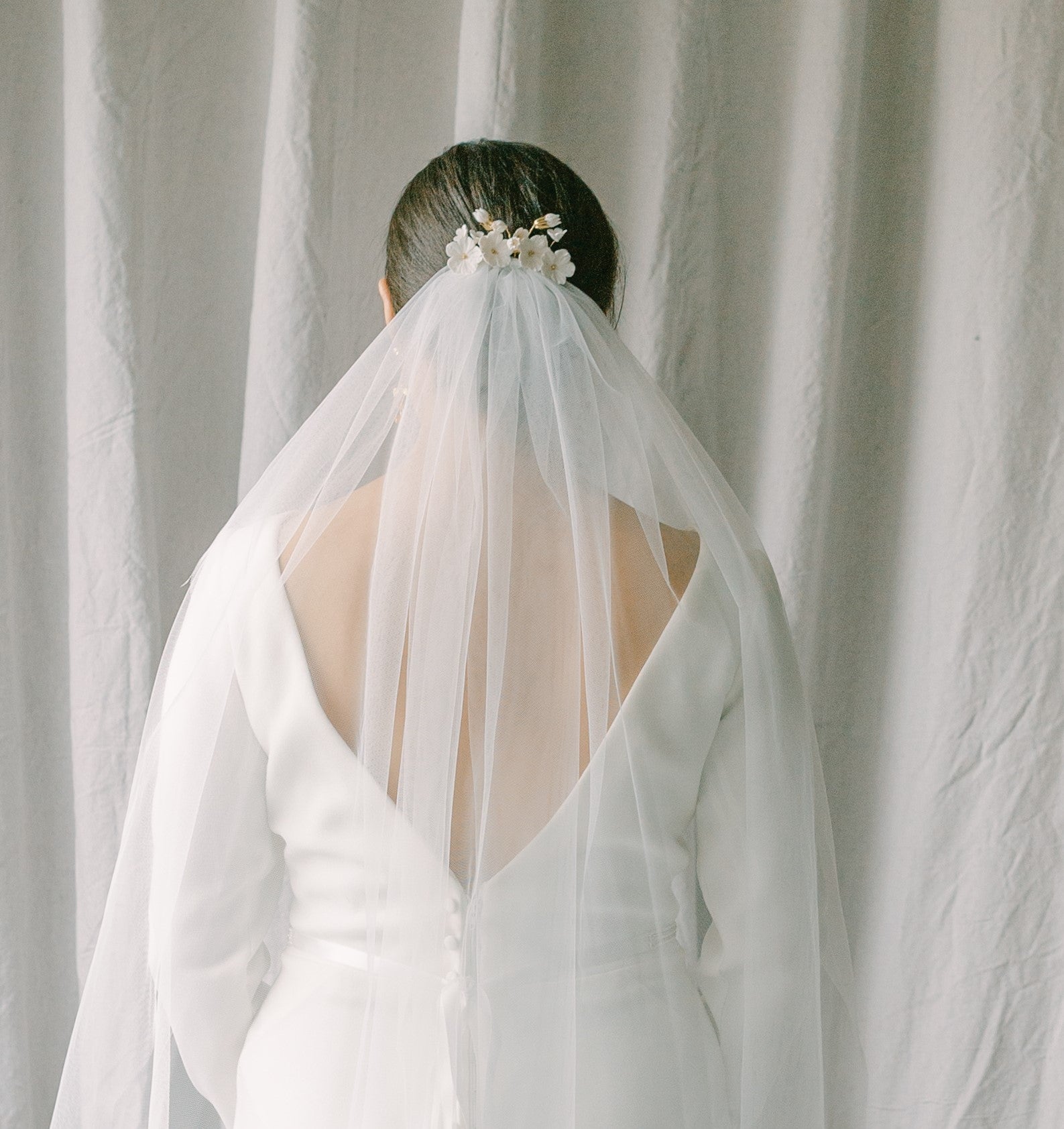 wedding veil with scattered pearls, raw edge bridal veil