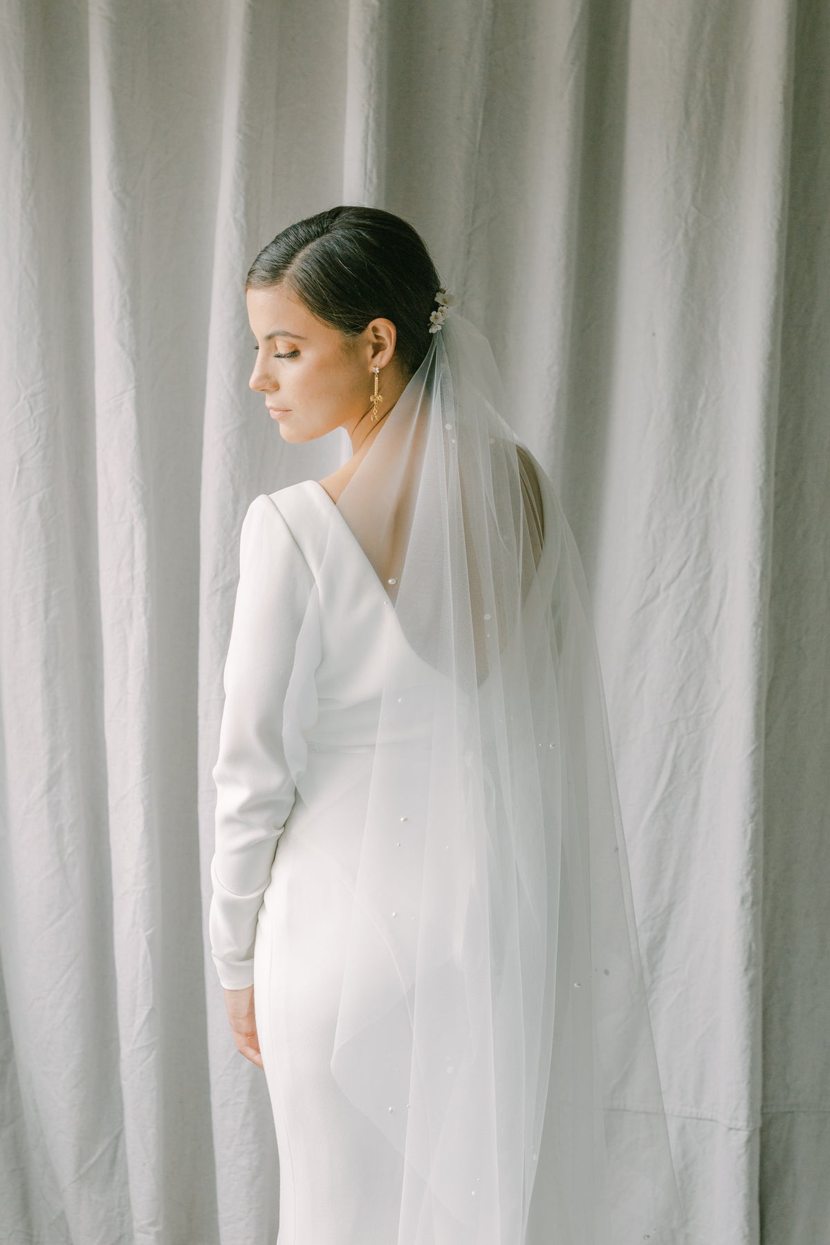 wedding veil with scattered pearls, raw edge bridal veil - ETREINTE Style 21038