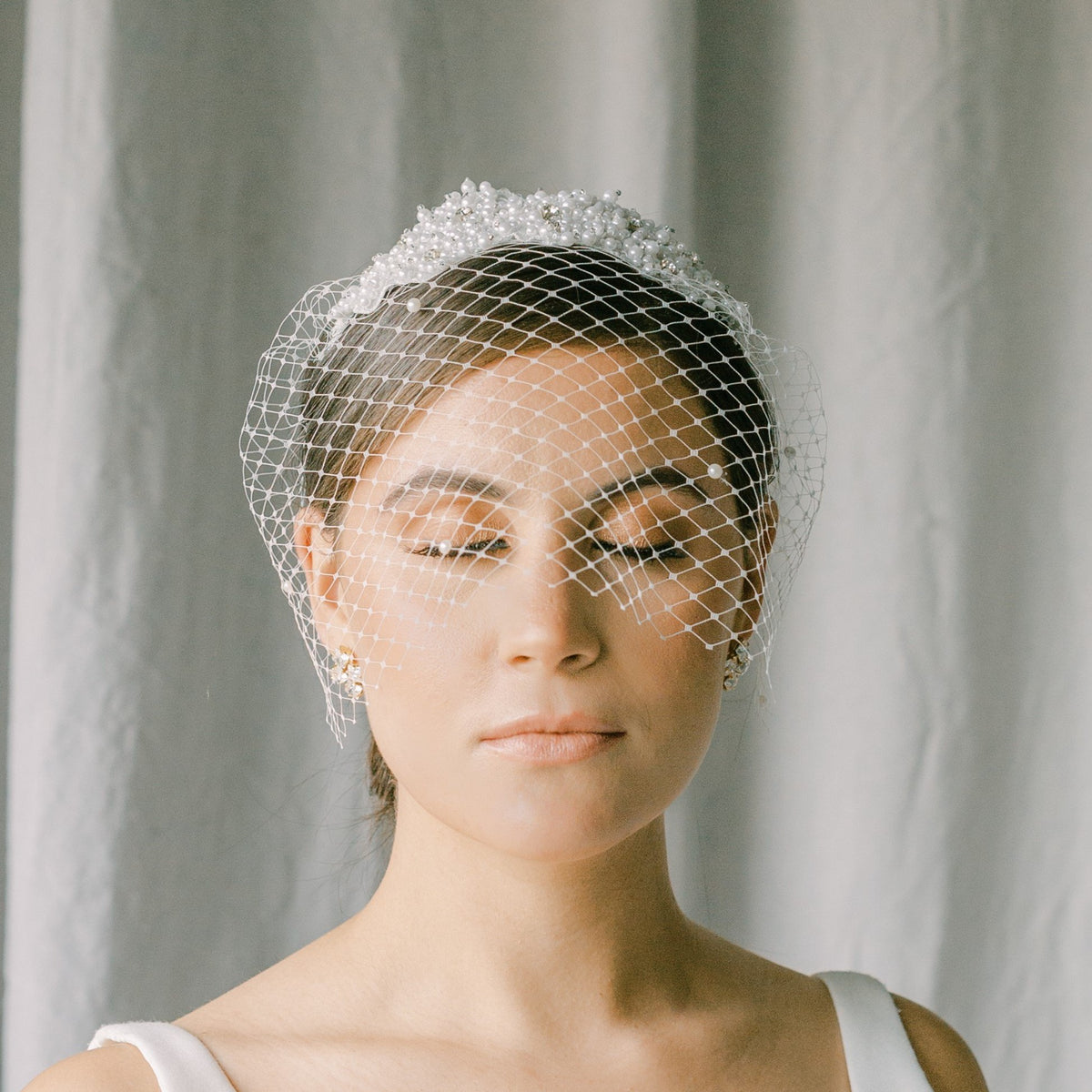 Birdcage headband veil with pearls and crystal beading-SOLEIL style 21028