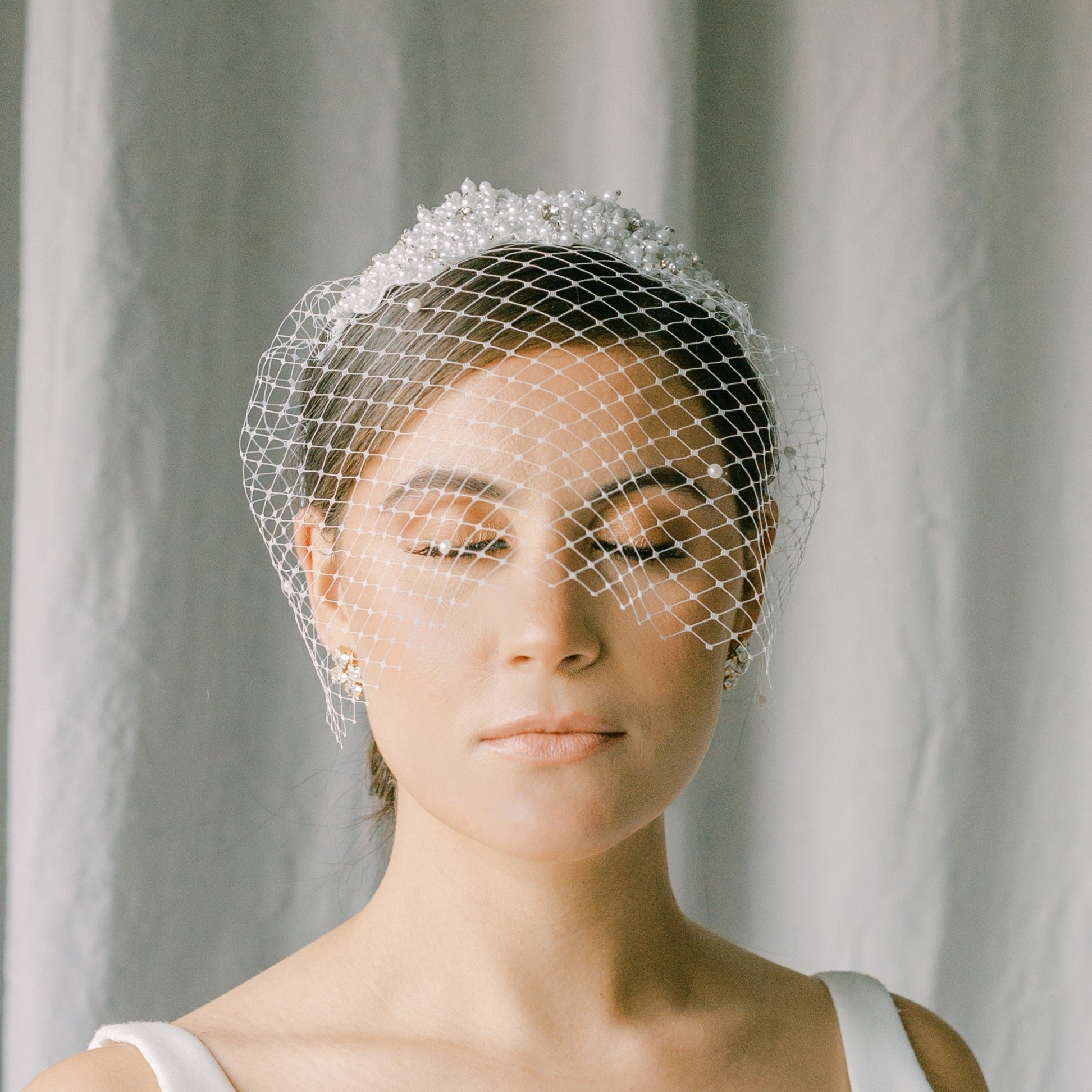 Lace and flower Birdcage Veil in Ivory with Pearls - Be Something New