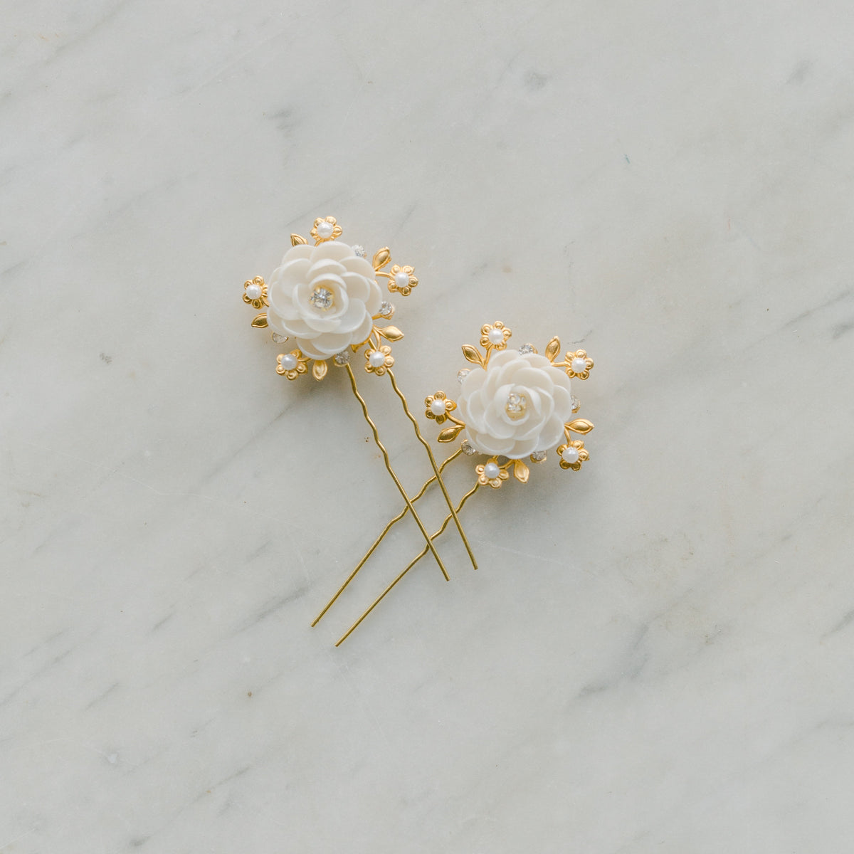 bridal hair pins whith brass and clay flowers, crystal and pearls, DOUCEUR style 21011