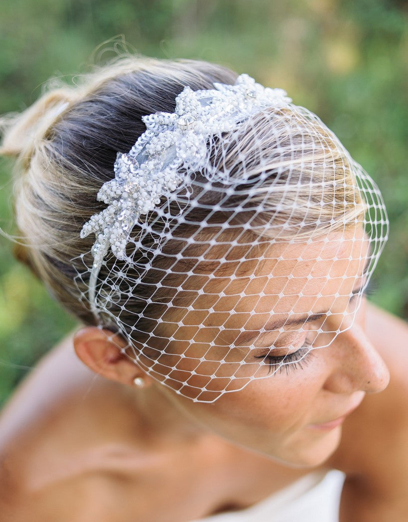 Nestina Birdcage Headband Veil with Pearls and Crystal beading-SOLEIL Style 21028 Ivory